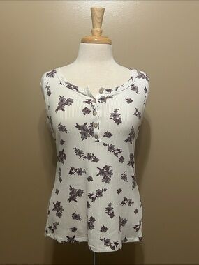 Pulse White Floral Ribbed Tank with Purple Floral Print